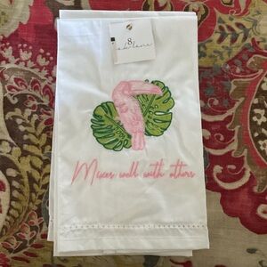 White Tea Towel with Pink Flamingo and Green Leaf Design